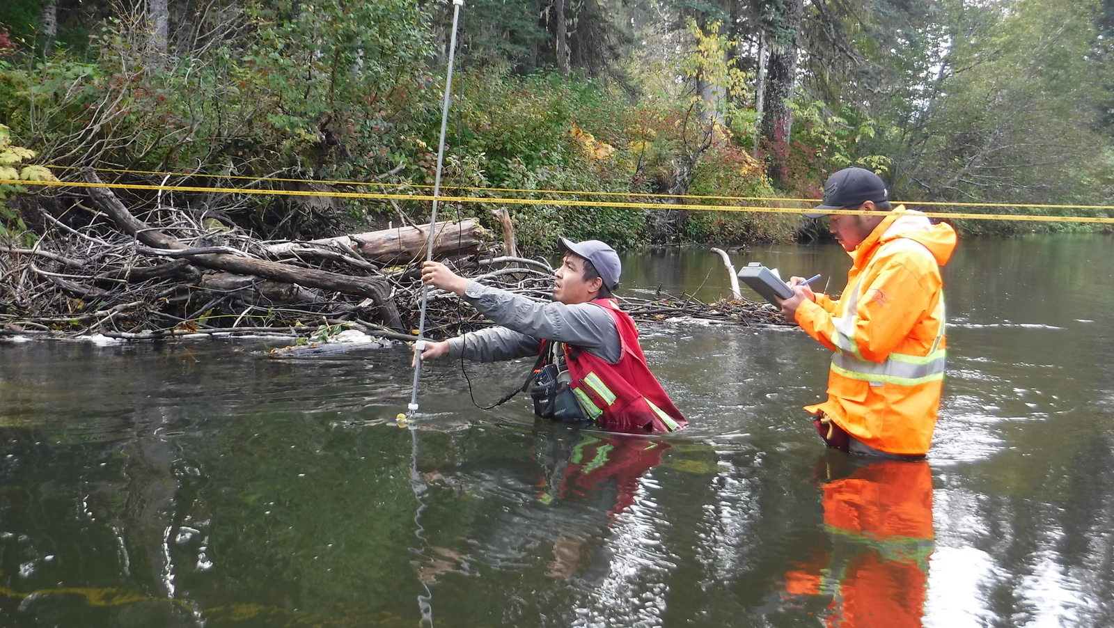 Guardians James Morgan and Dustin Gray conduct water testing in the Gitanyow Lax'yip, summer 2016.