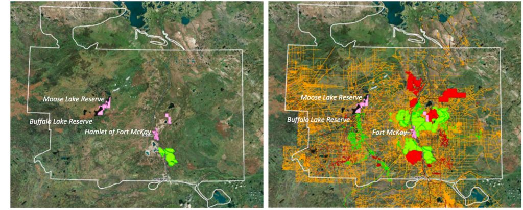 Figure 1 –An eagle-eye view (left) of the oil sands industrial footprint within the Fort McKay Traditional Territory (white line) in 1967, the year oil sands activities commenced, and (right) present day.