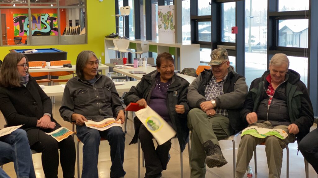 Using traditional shield art and oral storytelling, (from left) Gillian Donald, Gabe Desjarlais, and Elders Clara Mercer, Doug Mercer, and Scotty Stewart share their visions for mine reclamation and closure of the Fort McKay Traditional Territory. For complete details see Daly et al. 2022. Photo credit: Christine Daly