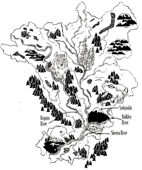 Illustrated map of the Gitxsan territory. This map features significant Gitxsan landmarks and includes the four Gitxsan clans. Map by Brett Huson, illustrated by Natasha Donovan.