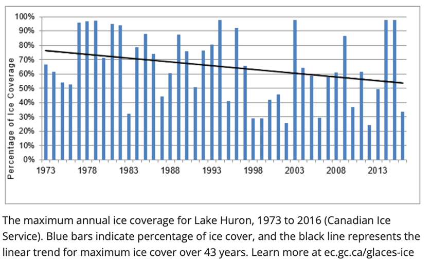 The maximum annual ice coverage for Lake Huron, 1973 to 2016 (Canadian Ice Service). Blue bars indicate percentage of ice cover, and the black line represents the linear trend for maximum ice cover over 43 years. 