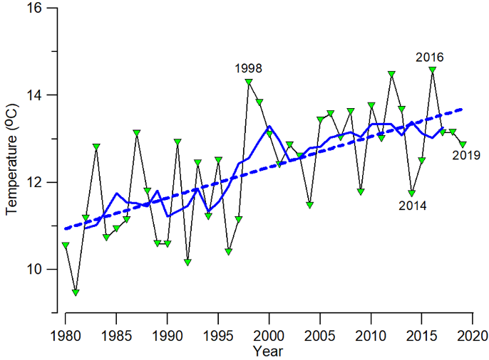 On this graph, temperatures rise from 1980 to 2019.