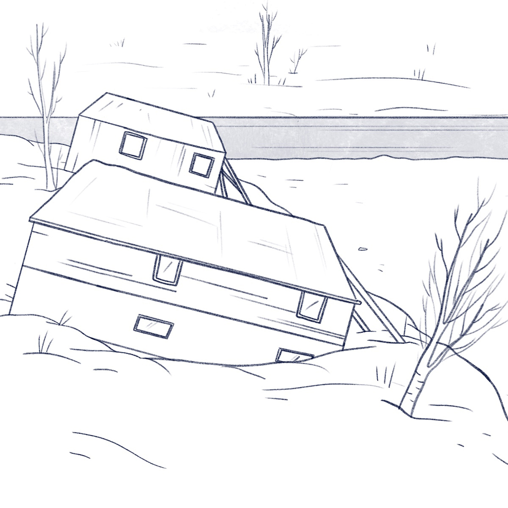 Drawing of homes with fondations failling due to permafrost thaw.