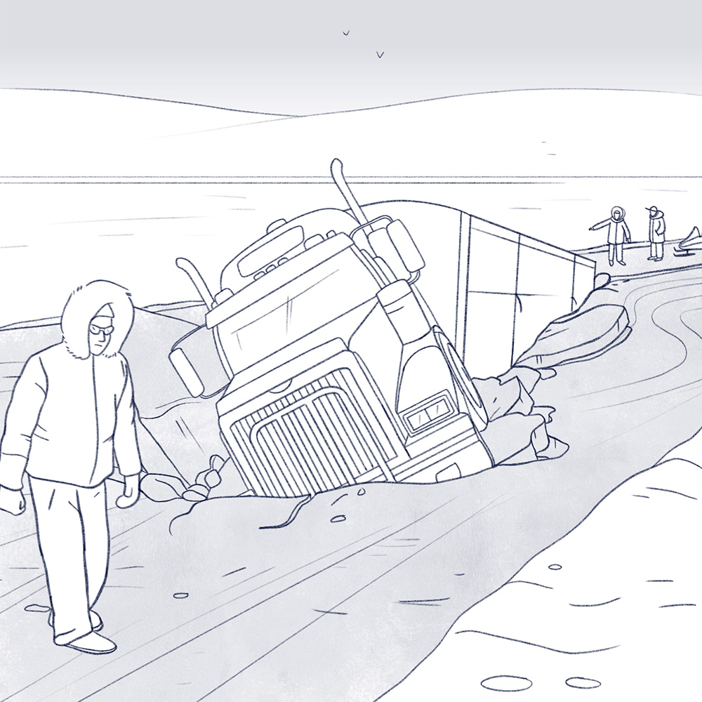 Drawing of a truck stuck on a damaged road.