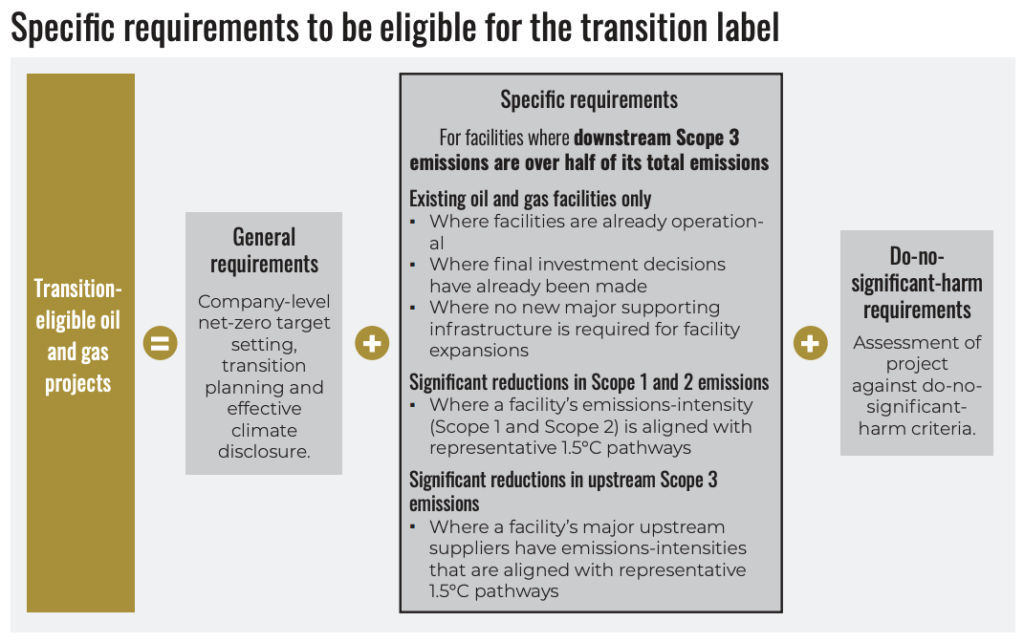 This image shows the specific requirements to be eligible for the transition label, alongside the general requirements and the do-no-significant-harm requirements.